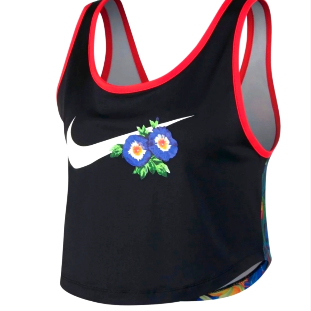 Nike Black Crop Top with Red Trim and Floral Design